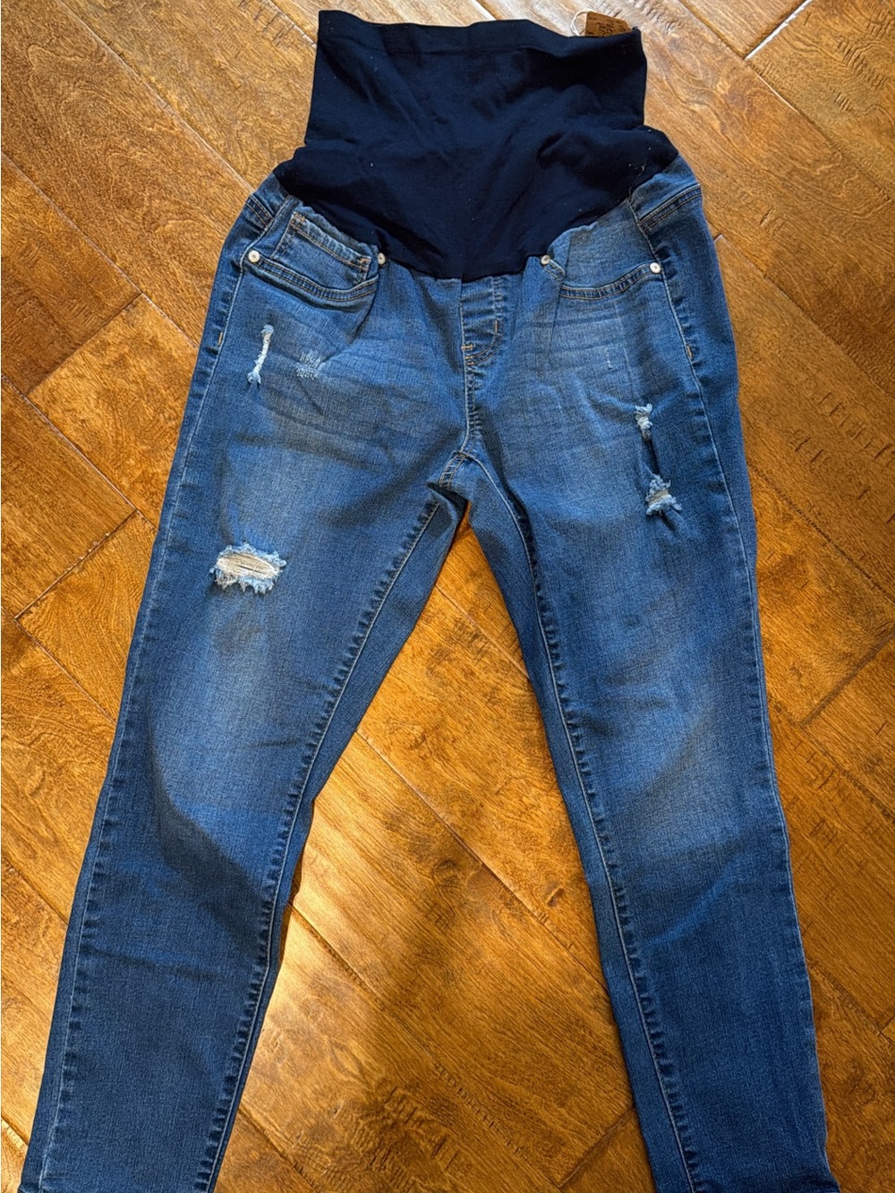 Maternity Dark Blue Distressed Skinny Jeans with Black Stretch Panel